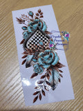 Teal Floral with Checkered Spade Decal - teal roses and feathers surrounding a checkered spade