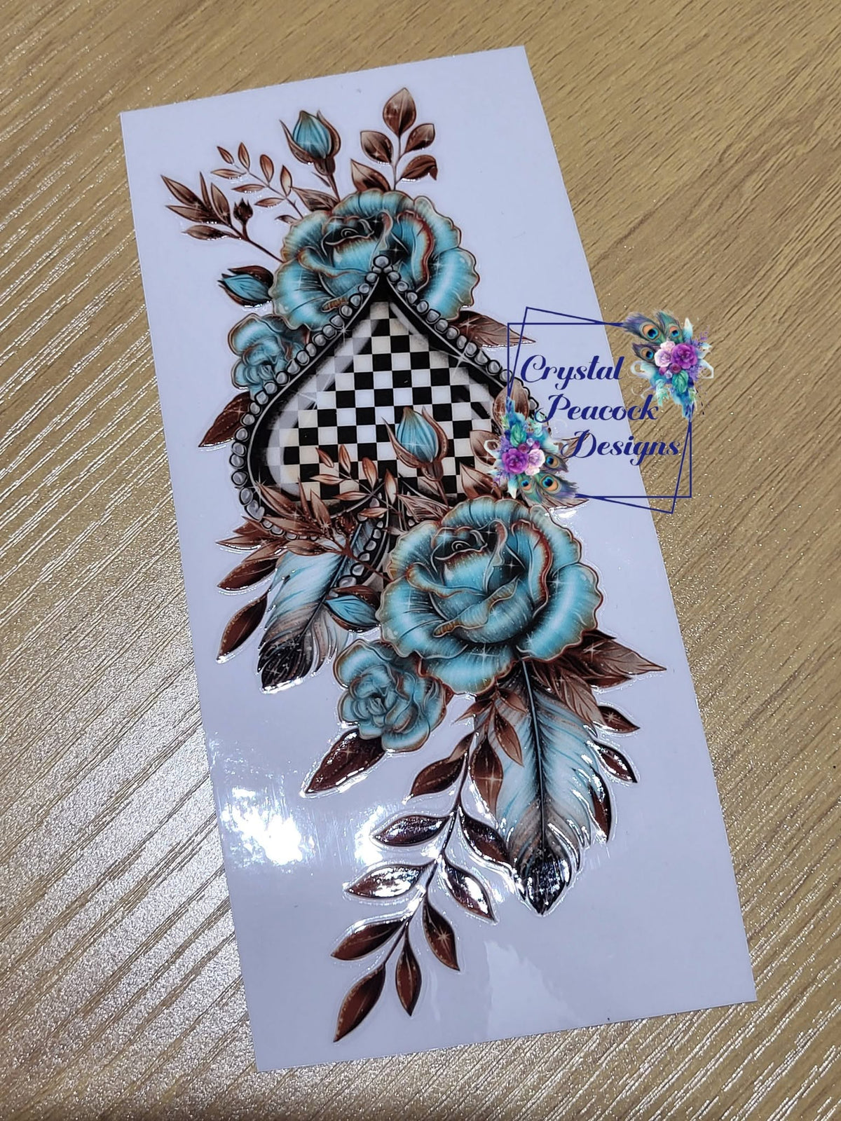 Teal Floral with Checkered Spade Decal - teal roses and feathers surrounding a checkered spade