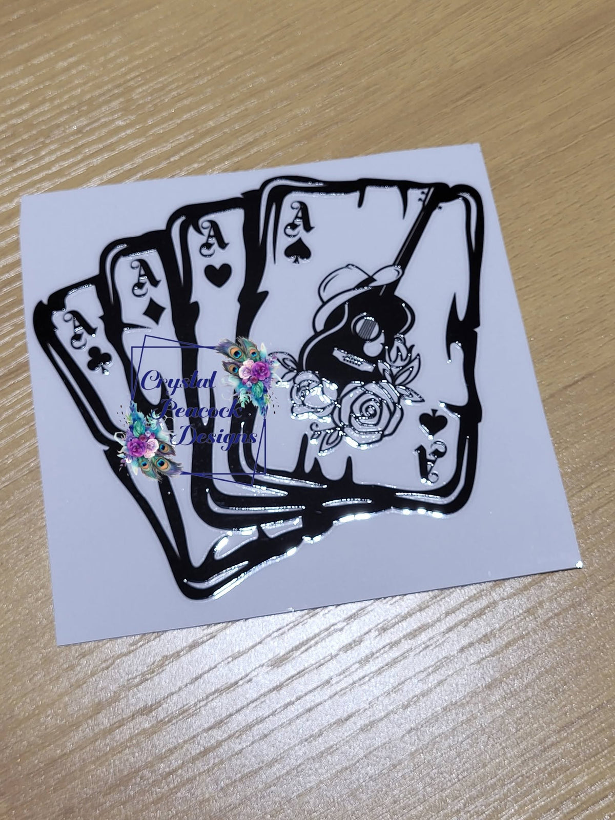 Four Aces Guitar and Roses Decal - black silhouette of guitar with roses over four aces playing cards