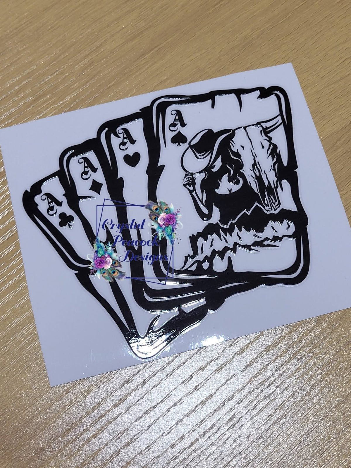 Four Aces Cowgirl Skull Decal - black silhouette of cowgirl skull with cowboy hat over four aces