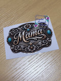 Mama Buckle Decal - ornate western belt buckle with gold Mama script and turquoise stones