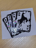 Four Aces Bucking Bronco Decal - black silhouette of bucking bronco over four aces playing cards