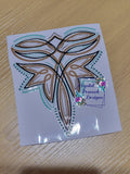 Teal and Brown Boot Stitch Cross Decal - Celtic-inspired cross with teal and brown boot stitch and rhinestone accents