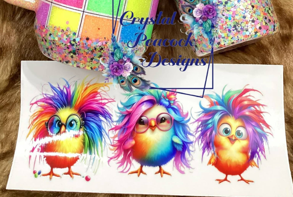 Rainbow Crazy Hair Chicks with Glasses Decal - three colorful chicks with wild rainbow hair two wearing glasses full of personality
