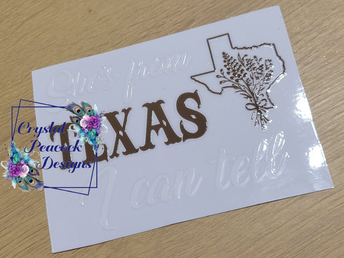 From Texas Decal - gold TEXAS lettering with Texas state outline and wildflower bouquet