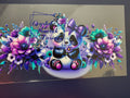 Purple Panda with Teal and Purple Florals Wrap Decal - baby panda with purple fur violet eyes large purple bow surrounded by purple anemones pink blooms and teal peacock feather accents