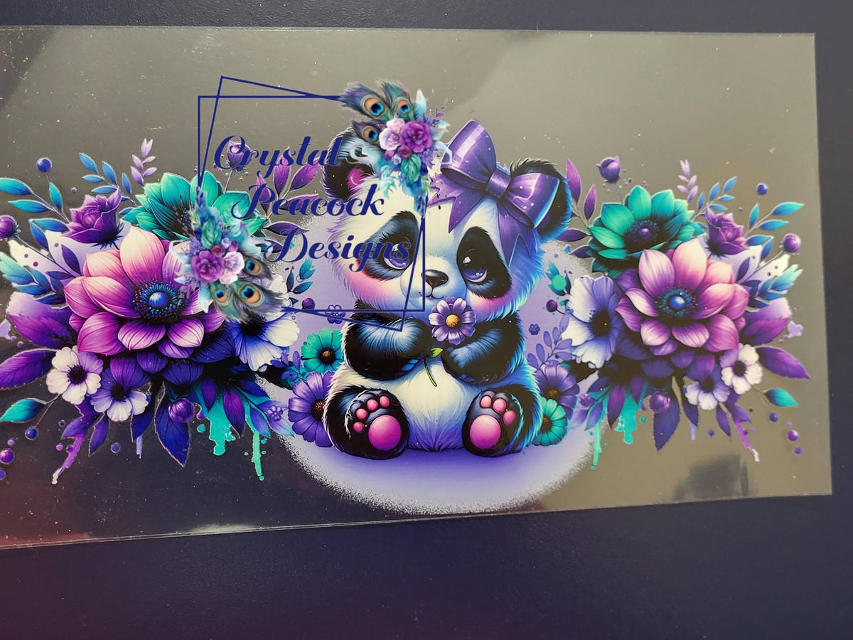 Purple Panda with Teal and Purple Florals Wrap Decal - baby panda with purple fur violet eyes large purple bow surrounded by purple anemones pink blooms and teal peacock feather accents