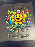 Don't Let Their Energy Change Yours Sunflower Decal - happy cartoon sunflower with pink bow holding battery wearing sneakers surrounded by colorful butterflies with empowering message