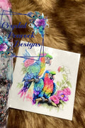 Rainbow Macaw Pair with Pink Peonies Decal - two vibrant rainbow macaws perched on branch surrounded by pink peonies and green foliage