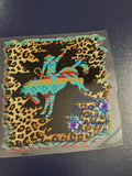 Aztec Cheetah Bucking Bronco Decal - teal red gold Aztec pattern bronco on cheetah print background