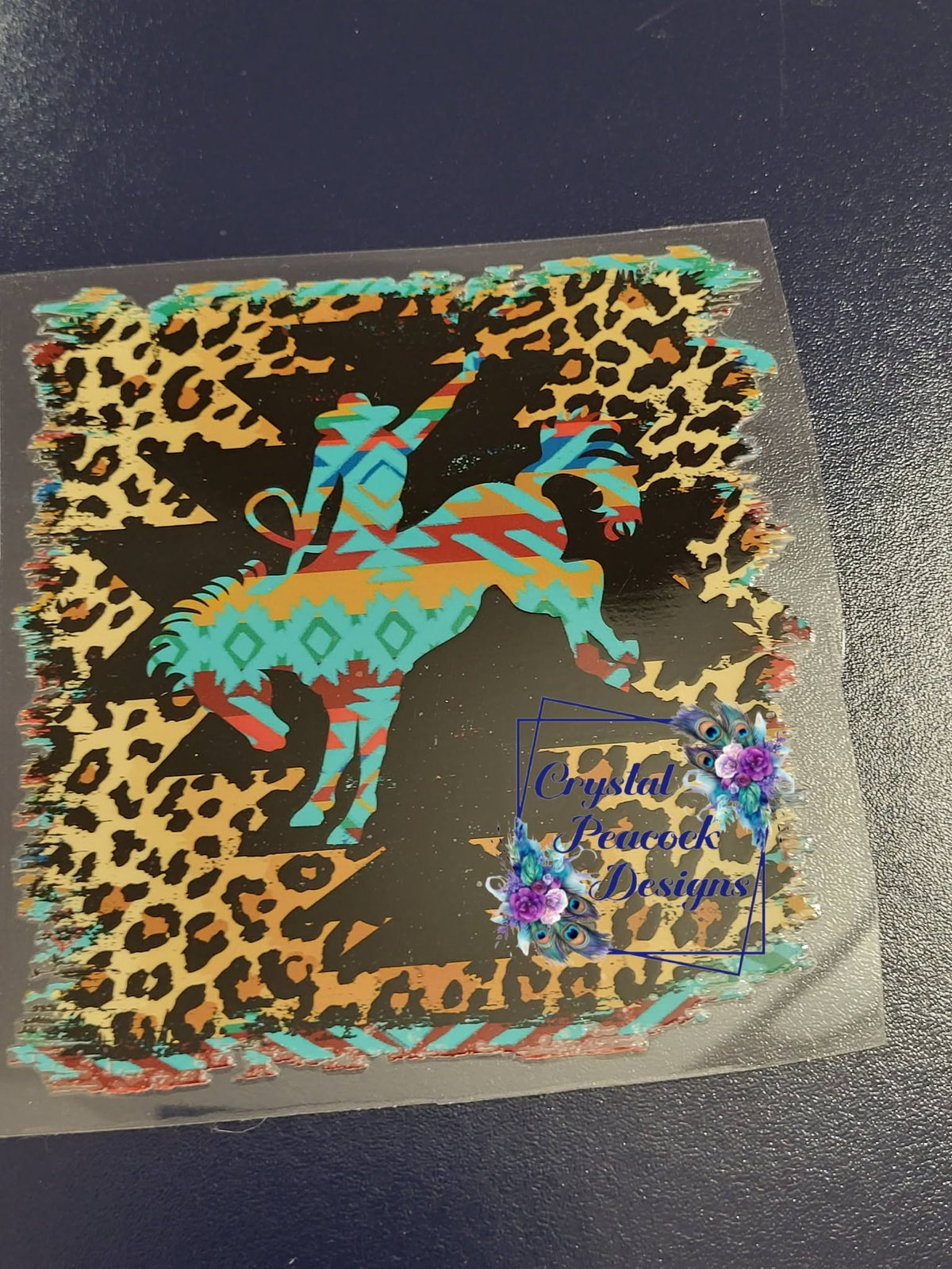 Aztec Cheetah Bucking Bronco Decal - teal red gold Aztec pattern bronco on cheetah print background