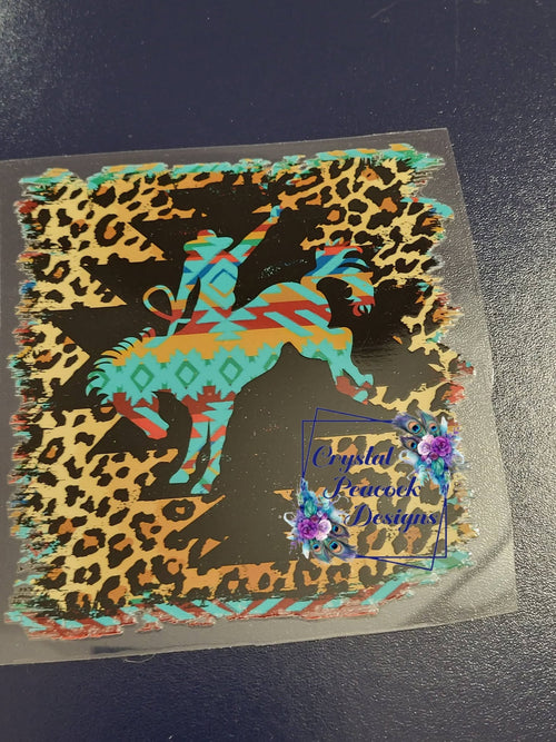 Aztec Cheetah Bucking Bronco Decal - teal red gold Aztec pattern bronco on cheetah print background