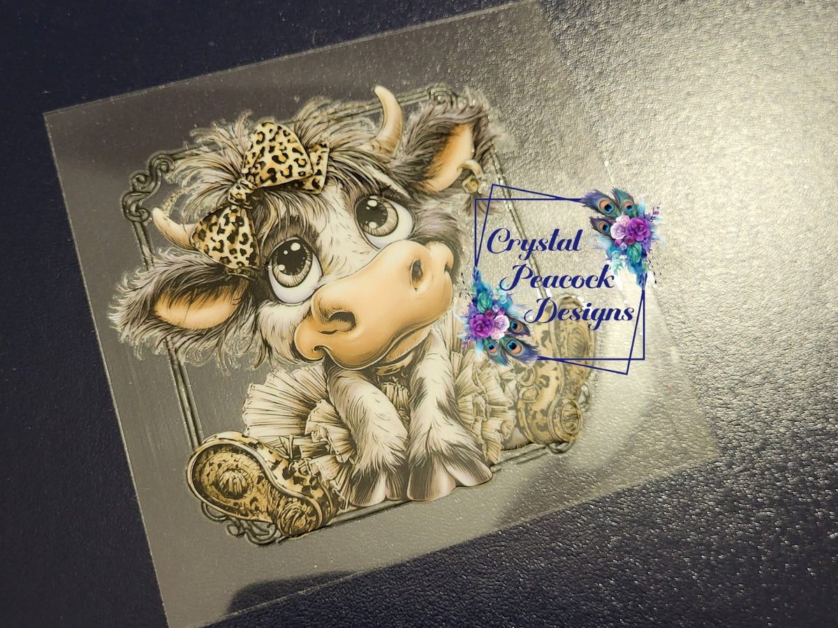 Vintage Highland Cow with Leopard Bow Decal - sepia highland cow with leopard bow ruffled collar ornate boots and vintage frame