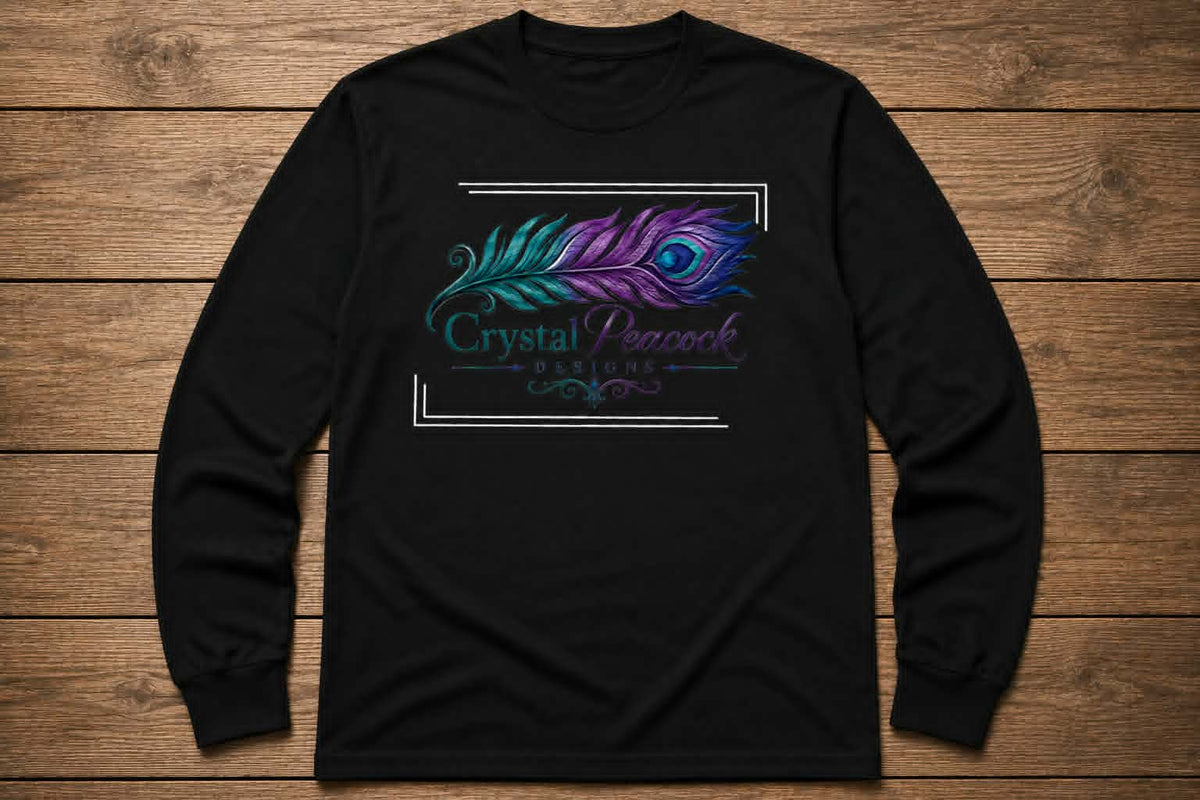 Woodgrain Ombre Feather Long Sleeve Tee in Black with Crystal Peacock Designs logo