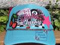 Feelin Lucky Trucker Hat in Teal with retro graphic and rhinestone trim