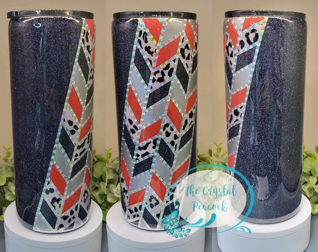 Tangram 30oz Fatty Tumbler - black glitter base with slanted tangram pattern in red, gray, black and cheetah print