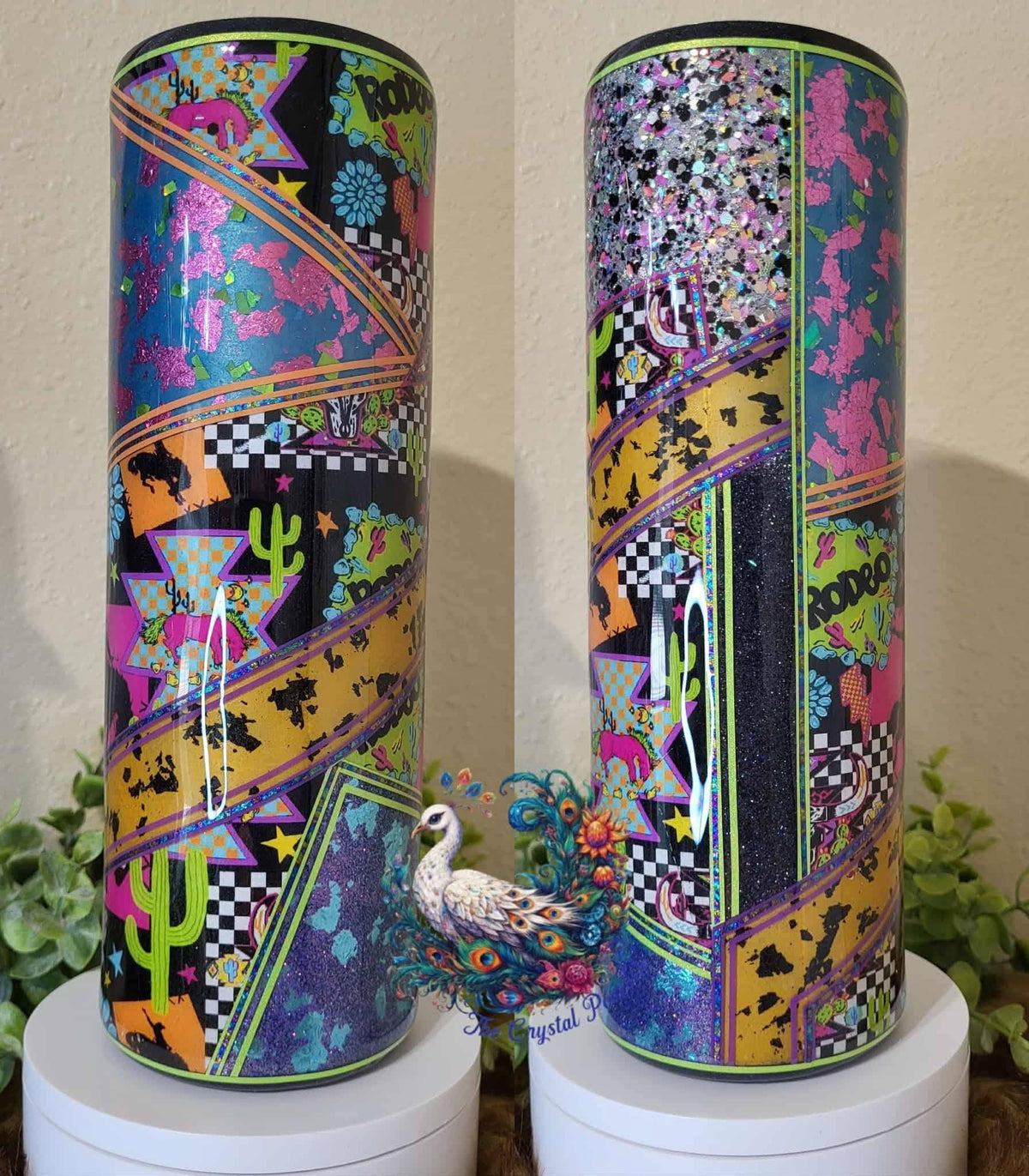 Neon Western 30oz Tumbler - neon checkers cactus rodeo aztec leopard star prints with glitter foil and flakes