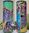 Neon Cowgirl 20oz Strawbler Tumbler - neon green teal gold holographic chunky glitter with rodeo checkerboard vinyl and pinstripes