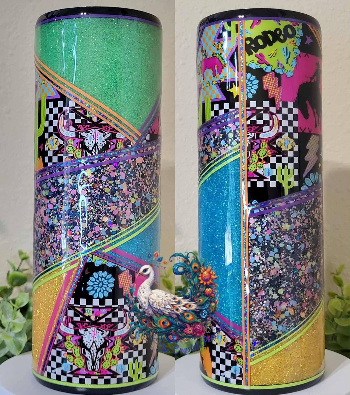Neon Cowgirl 20oz Strawbler Tumbler - neon green teal gold holographic chunky glitter with rodeo checkerboard vinyl and pinstripes