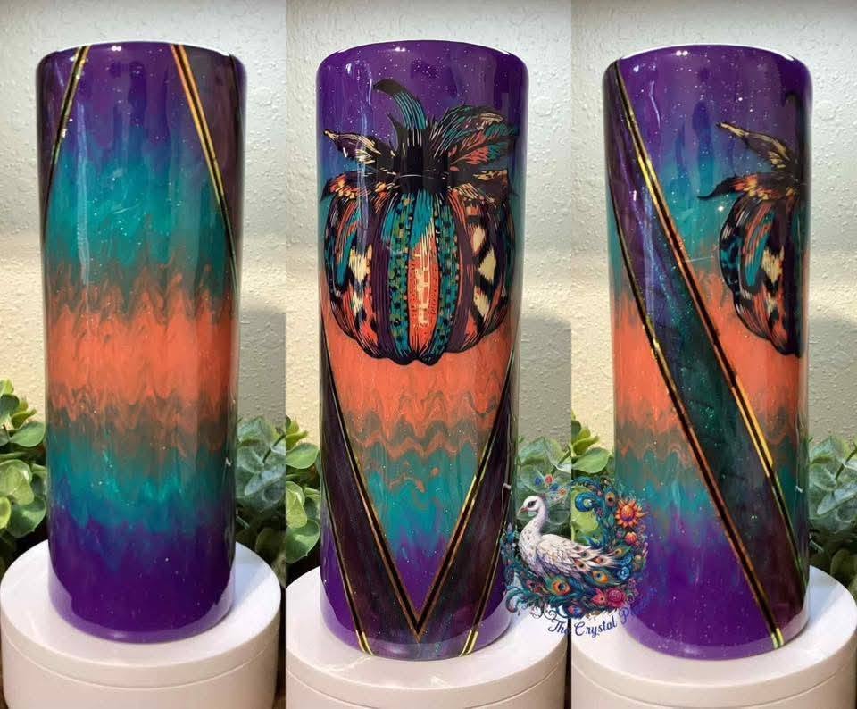 Fall Pumpkin Tribal 20oz Tumbler - purple teal orange wavy design with chameleon V pattern and tribal pumpkin feather decal