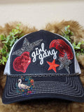 Girl Gang Trucker Hat in navy and white with rhinestone stars sequin heart and embroidered patches