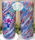 Cross 20oz Tumbler - layered mica pigments in blues, reds and purples with floral cross, lilies and butterflies