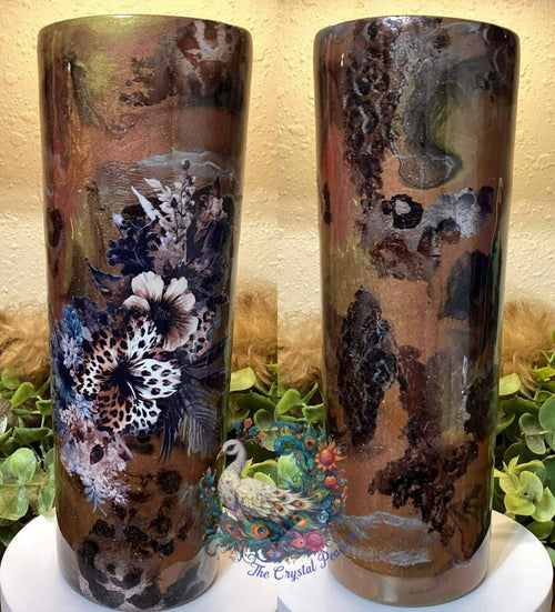 Neutral Cheetah Floral 20oz Skinny Tapered Tumbler - warm bronze base with cheetah spots foil accents and moody floral decal