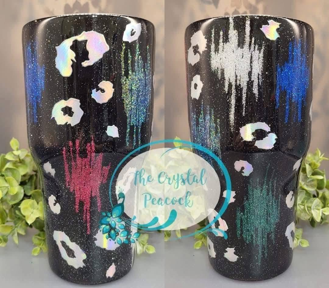 Cheetah Splash 32oz Tumbler - black glitter base with multicolor glitter splashes and holographic cheetah spots