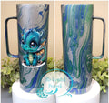 Baby Dino 20oz Handle Tumbler - hammered silver base with blue green hydro dip swirl and adorable baby dragon decal