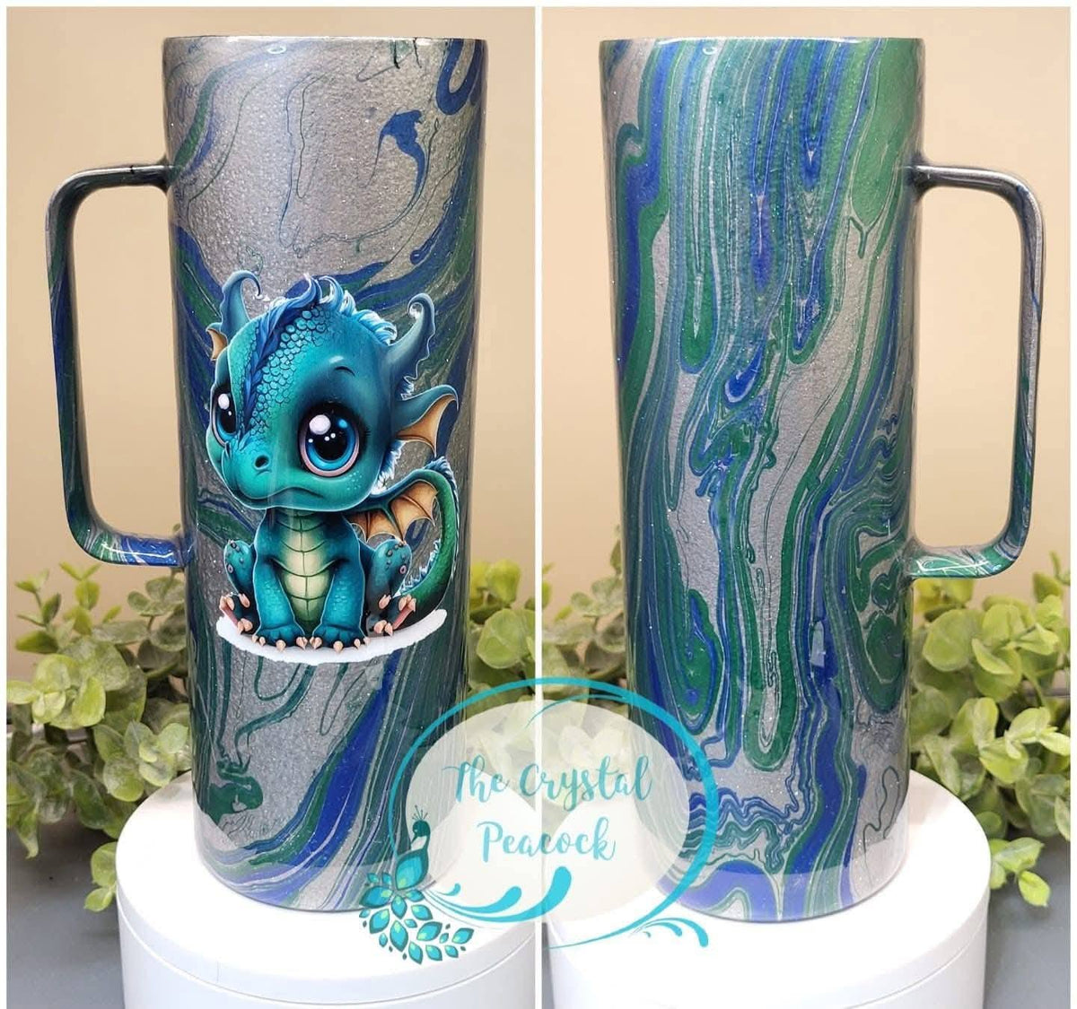 Baby Dino 20oz Handle Tumbler - hammered silver base with blue green hydro dip swirl and adorable baby dragon decal