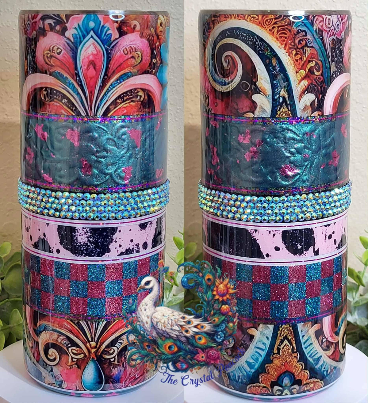 Mash-Up 25oz Bling Tumbler - mixed vinyl, glitter checks, leather scroll with pigments and flakes, and AB crystal bling band