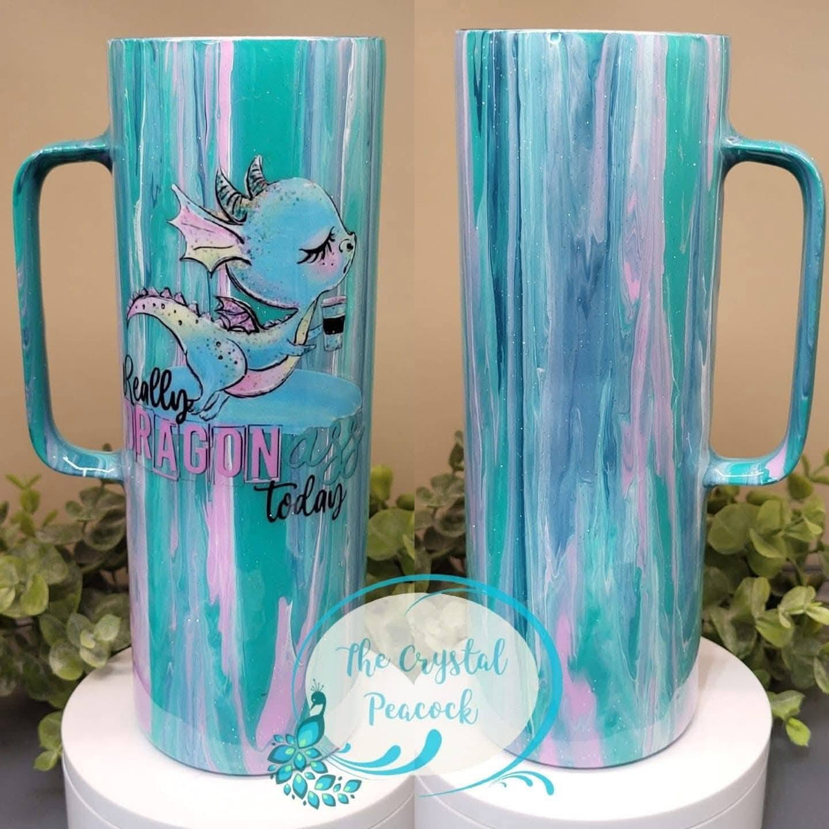 Really Dragon A** Today 20oz Handle Tumbler - light teal dark teal lavender dirty pour with sassy dragon holding coffee decal