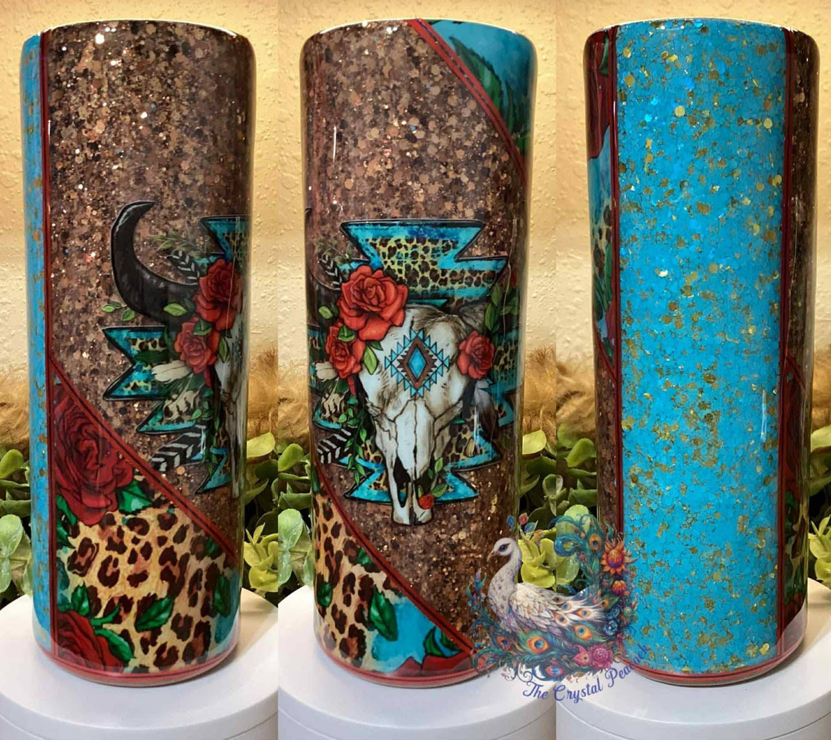 Western Floral Bull 20oz Tumbler - copper teal glitter with leopard print red roses and bull skull aztec decal