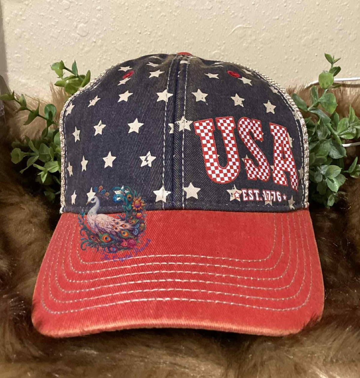 USA Est 1776 Snapback Hat in distressed navy star print with red checkered graphic and rhinestone mesh back