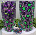 Neon Butterfly 32oz Curved Tumbler - B-JUICE chunky glitter base with neon green cheetah print and purple neon green butterfly