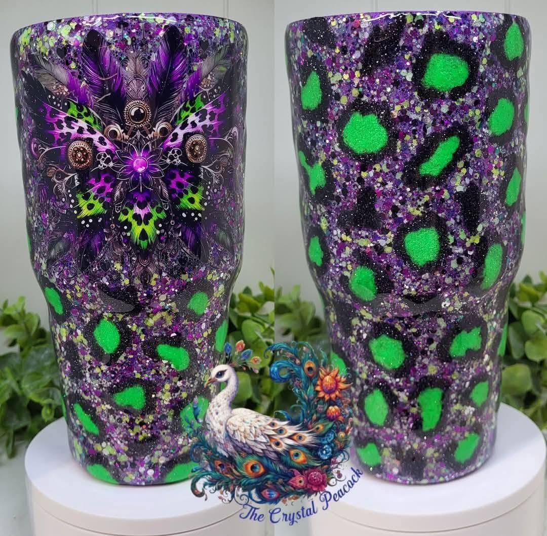 Neon Butterfly 32oz Curved Tumbler - B-JUICE chunky glitter base with neon green cheetah print and purple neon green butterfly