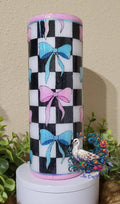 Glow in the Dark Bows 20oz Tumbler - black white checkerboard with glittery pink and blue bows and pink glitter rim