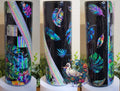 Tropical with a Little Bling 30oz Tumbler - holographic tropical leaves feathers florals on black glitter base with diagonal rhinestone band