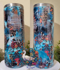 Aztec Cheetah 20oz Tumbler - teal and black ink swirl base with cheetah and Aztec foil print overlay