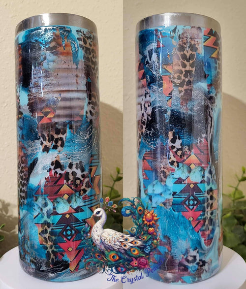 Aztec Cheetah 20oz Tumbler - teal and black ink swirl base with cheetah and Aztec foil print overlay