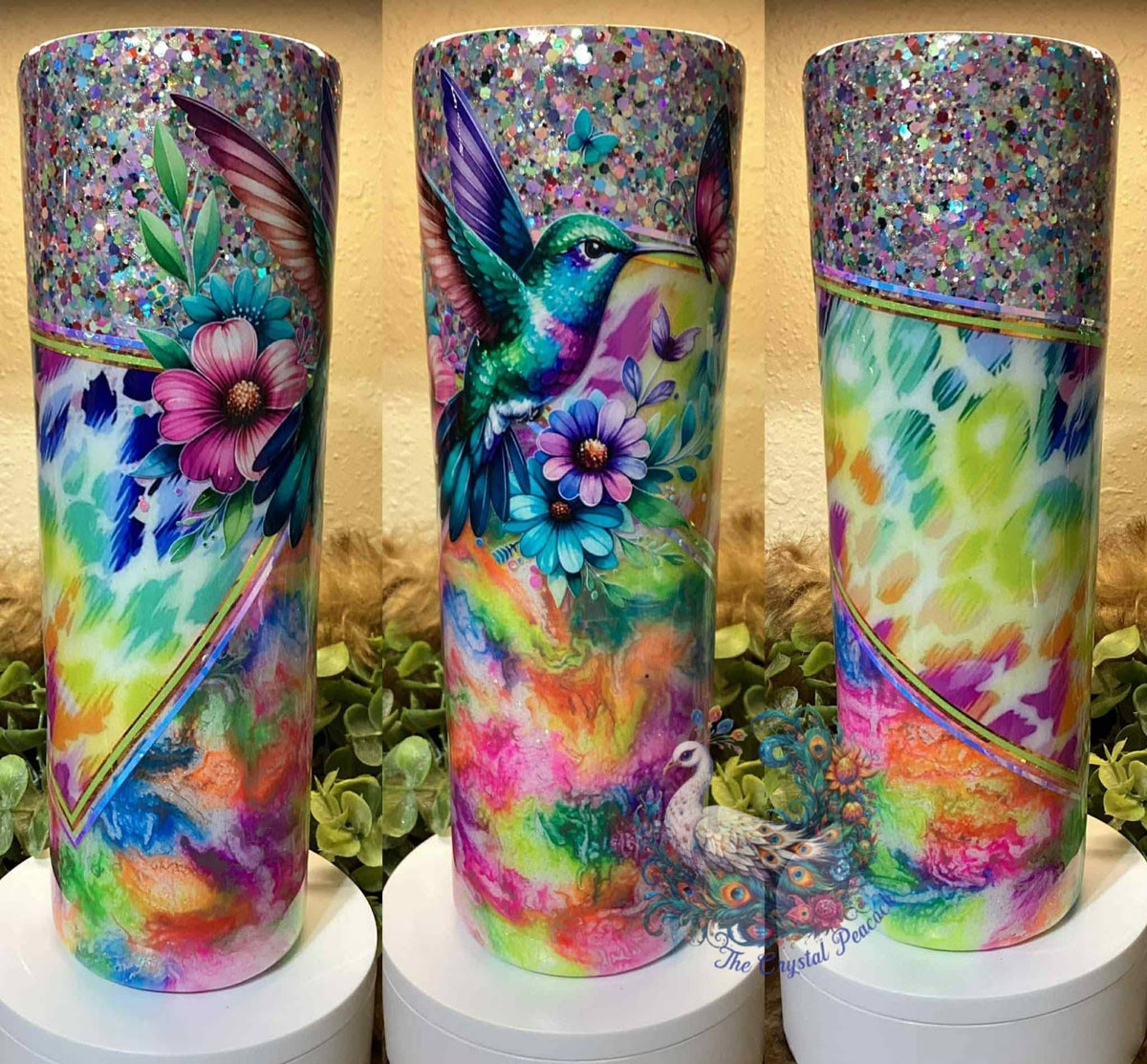 Bright Hummingbird 30oz Tumbler - neon rainbow vinyls with chunky glitter top and hummingbird floral decal