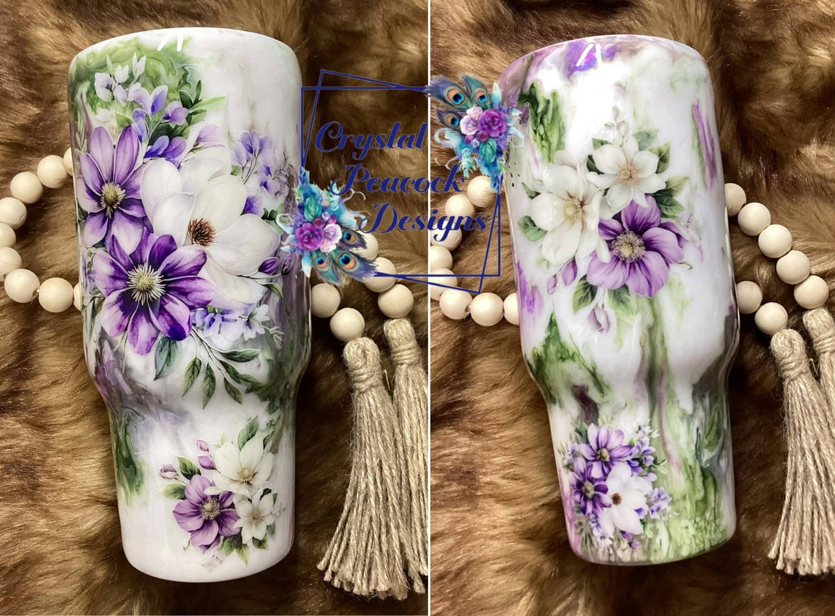Purple & Green Floral 24oz Marble Tumbler - ink marble base in purples and greens with large floral design