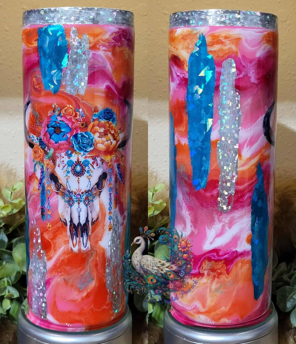 Bright Floral Western Skull 20oz Tumbler - orange and pink ink swirl base with floral skull decal and foil accents