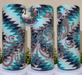 Peacock Aztec 25oz Glitter Tumbler - full glitter wrap in blues, teals, whites, and champagne with Aztec pattern