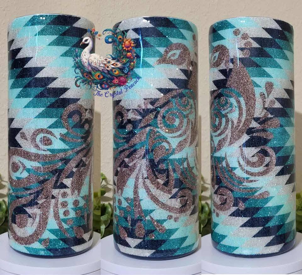 Peacock Aztec 25oz Glitter Tumbler - full glitter wrap in blues, teals, whites, and champagne with Aztec pattern