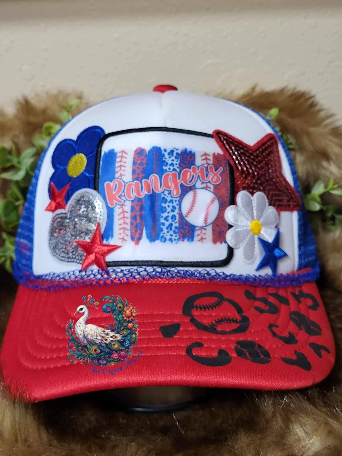 Rangers Baseball Snapback Hat in red white and blue with cheetah print brim and patch accents