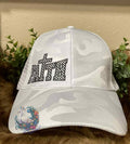 Faith Ponytail Hat in white camo with bold checkered Faith cross graphic