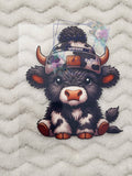 Highland Calf Cow Print Beanie Decal - dark fluffy highland baby calf with cow print pom-pom beanie and star patch