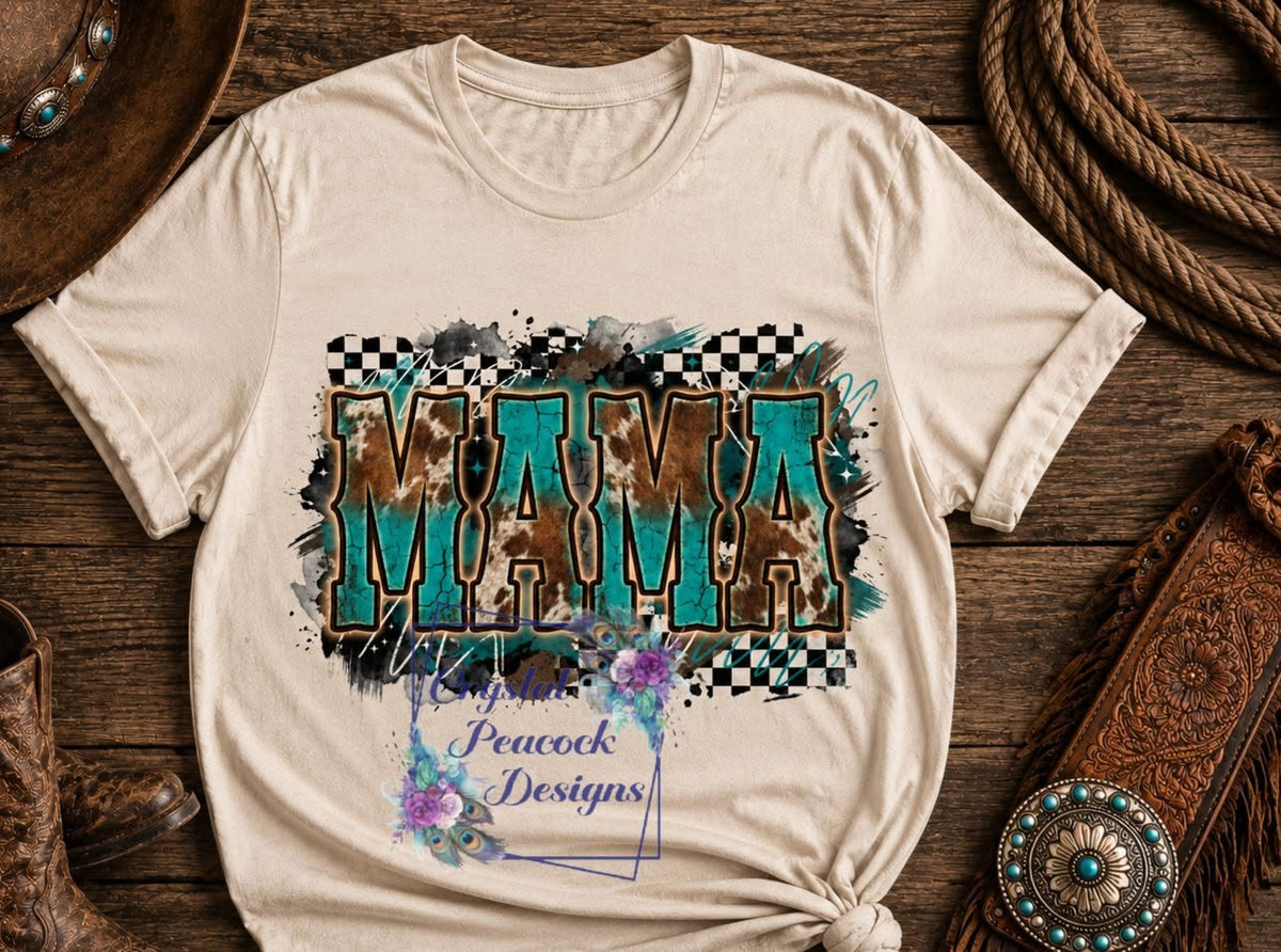 Checkered cow print teal Mama shirt decal shown on natural shirt with western accessories