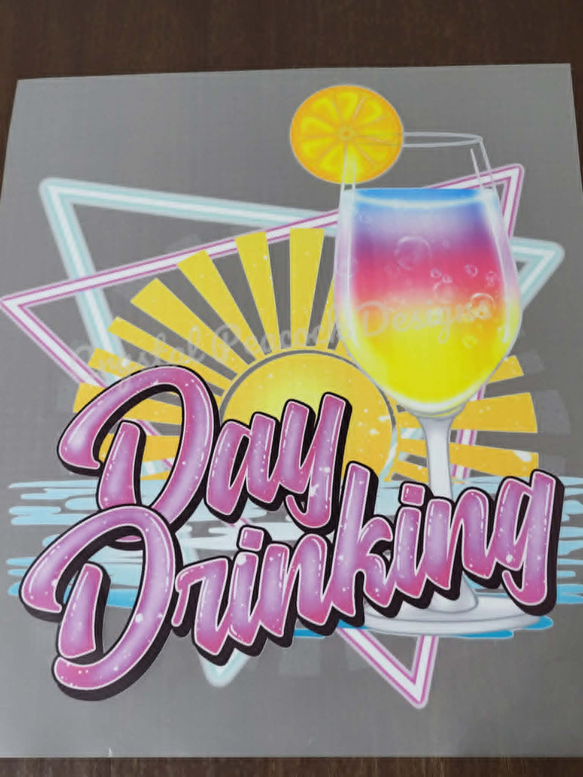 Day Drinking retro shirt decal with pink script sunburst and cocktail glass